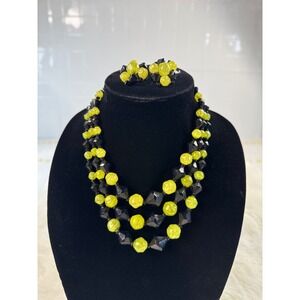 Vintage Hong Kong Lime Green Black Beaded 3 Strand Necklace Clip Earring Set